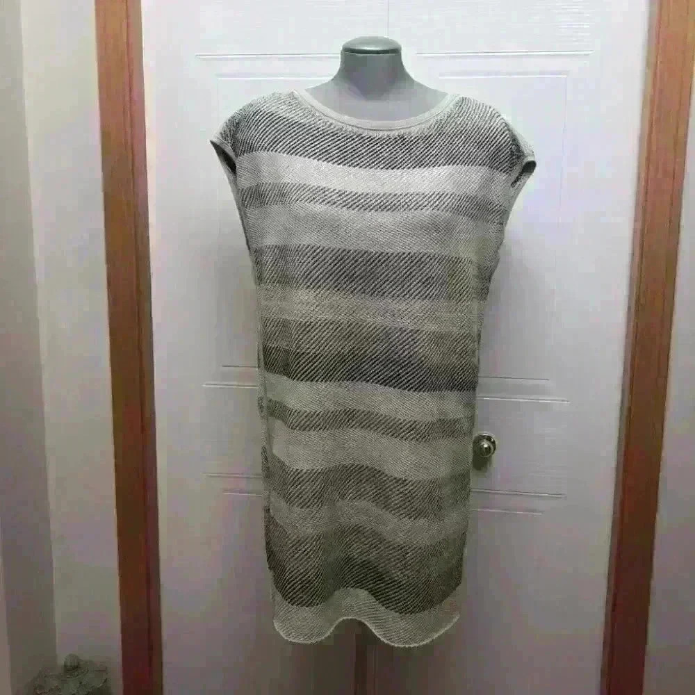 Lafayette 148 New York Knit Dress Shift  Striped Neutral Metallic Fiber - Picture 7 of 8